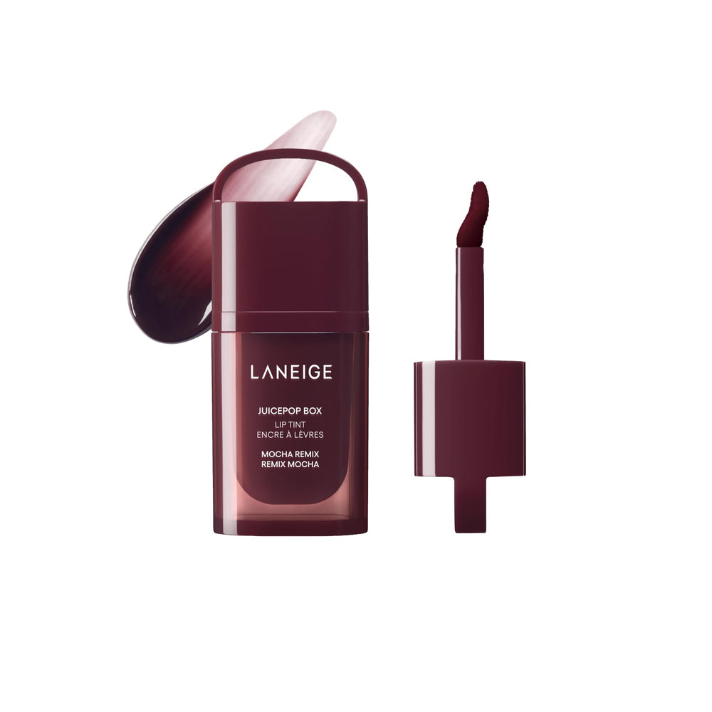 Laneige JuicePop Box Lip Tint Mocha Remix shown with glossy finish for juicy buildable color.