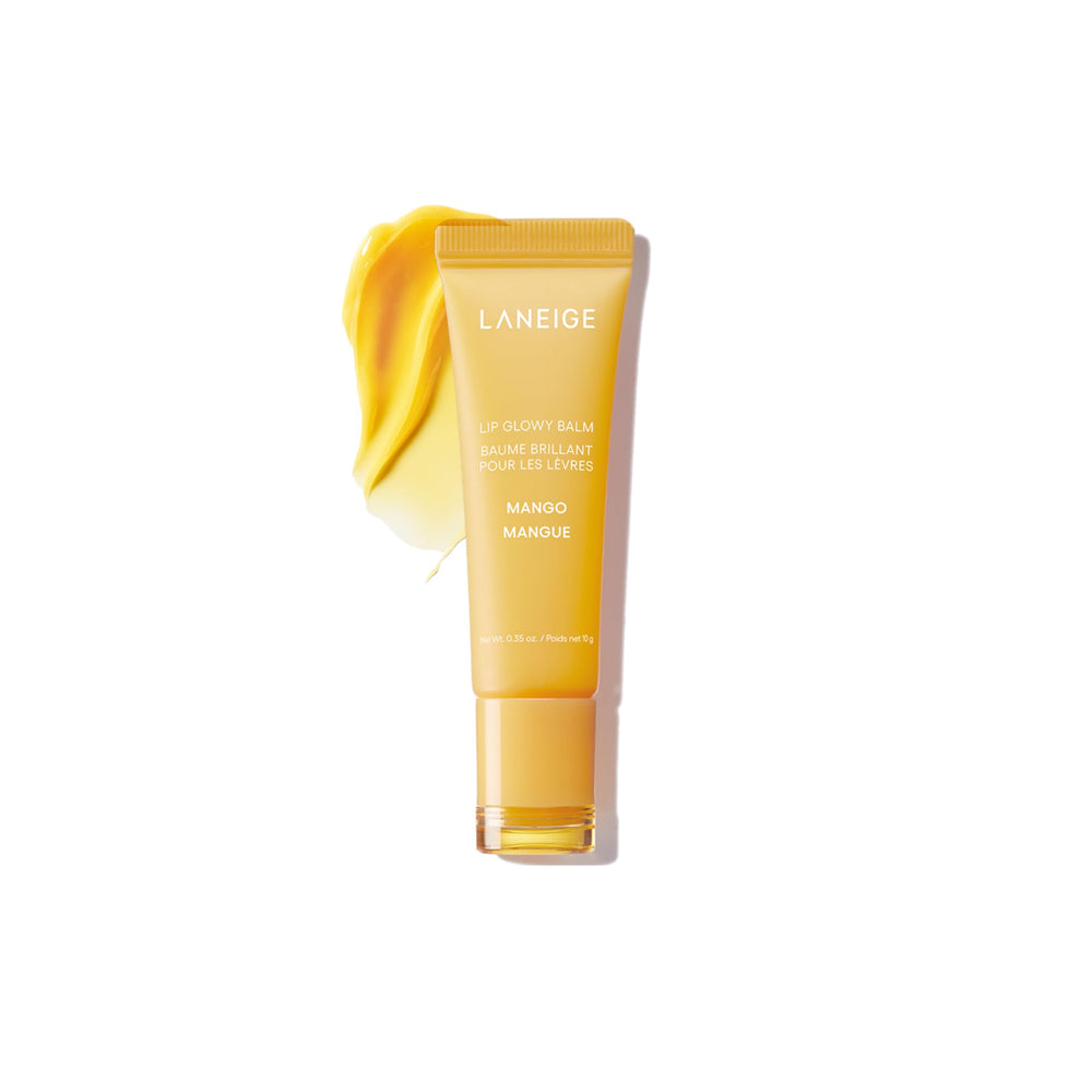 Laneige Lip Glowy Balm Mango close-up application showing hydration and tint.