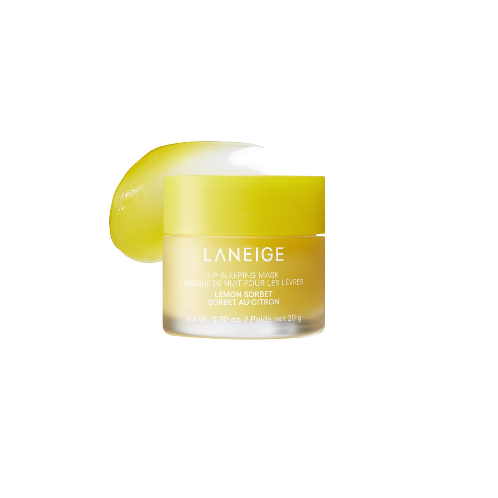 LANEIGE Lip Sleeping Mask Lemon Sorbet jar close-up highlighting citrus scent and nourishing formula.