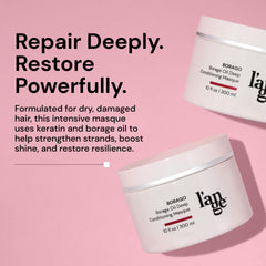 L'ANGE HAIR Borago masque application on hair demonstrates mid-length to ends treatment.