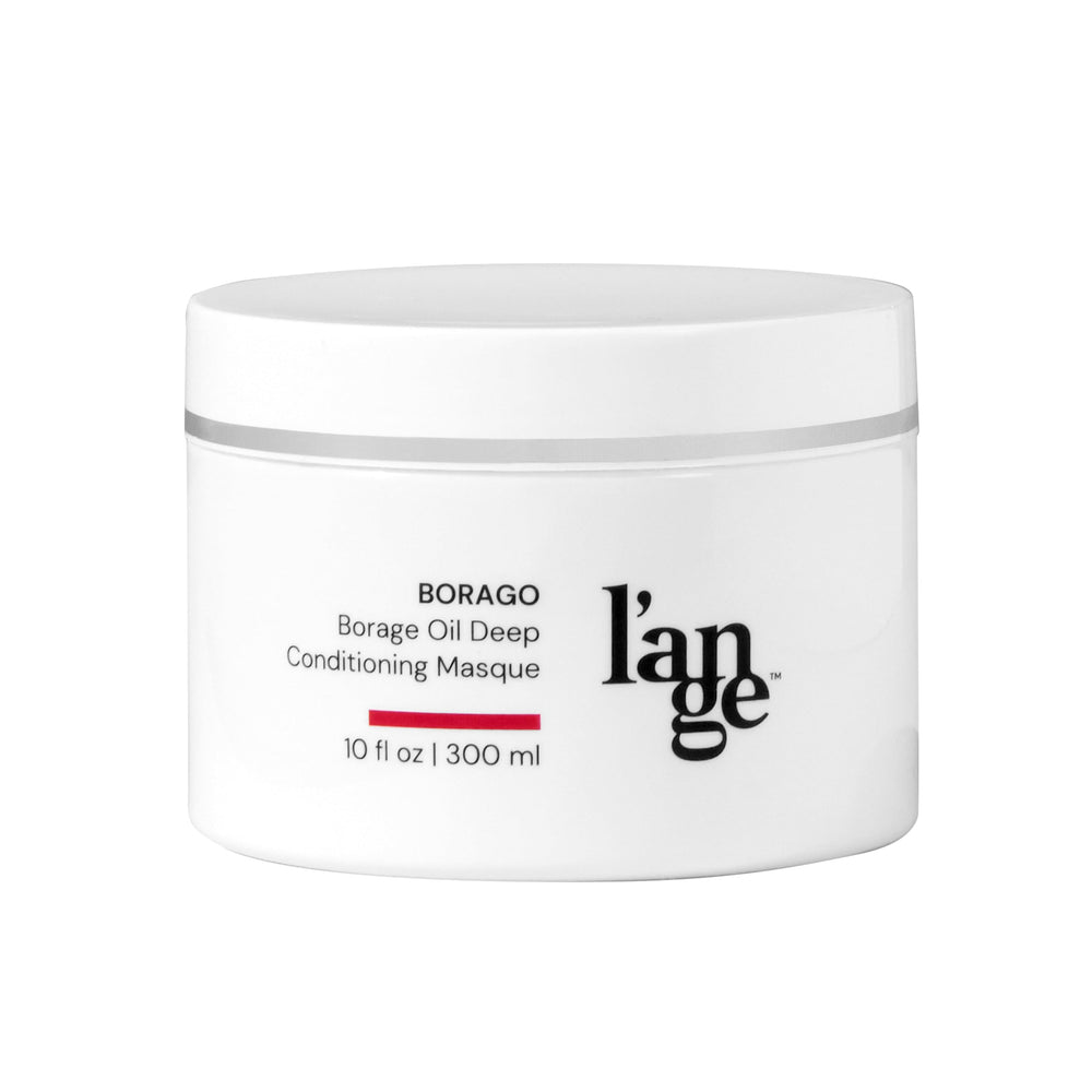 L'ANGE HAIR Borago Deep Conditioning Masque packaging close-up highlighting sulfate-free formula and hydration.
