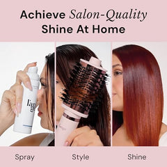 L'ANGE HAIR Frizz Control barrier shows a mist forming around strands for humidity resistance.