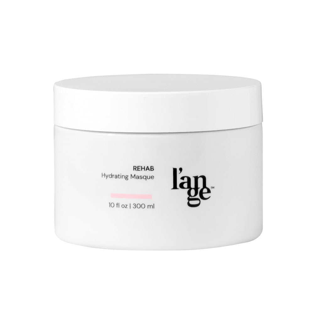 L'ANGE HAIR Rehab Hydrating Masque bottle highlights keratin-infused hydration for smooth, shiny hair.