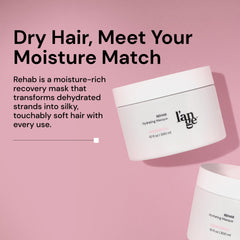 L'ANGE HAIR Rehab Hydrating Masque jar closeup shows creamy texture for lightweight, intense conditioning.