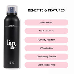L'ANGE HAIR Hold-All 8oz packaging highlights convenient on-the-go styling and precise spray control.