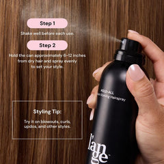 L'ANGE HAIR Hold-All application shot demonstrates brushable, lightweight formula for easy reshaping.