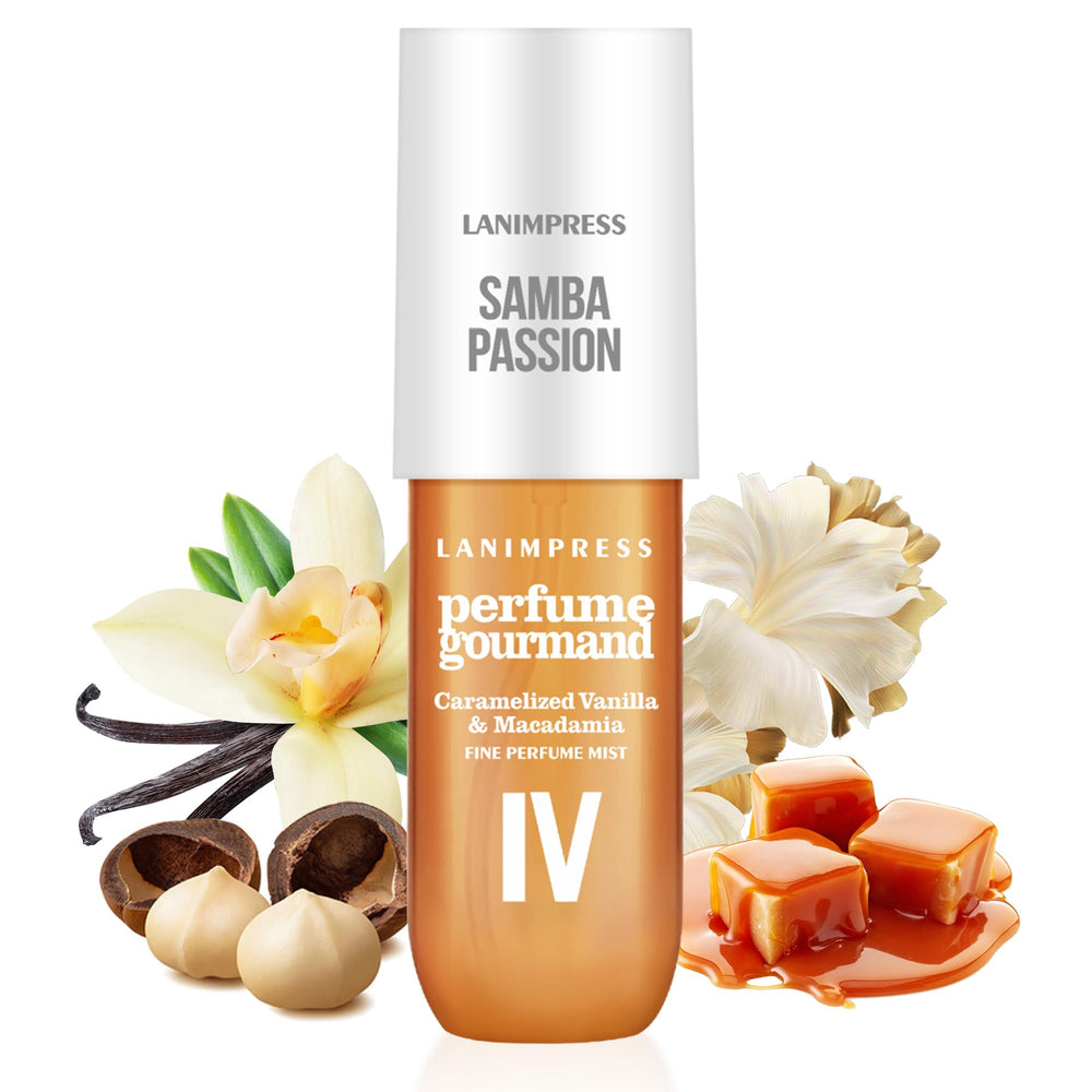 LANIMPRESS No.4 bottle closeup highlighting amber gourmand notes for daily wear.