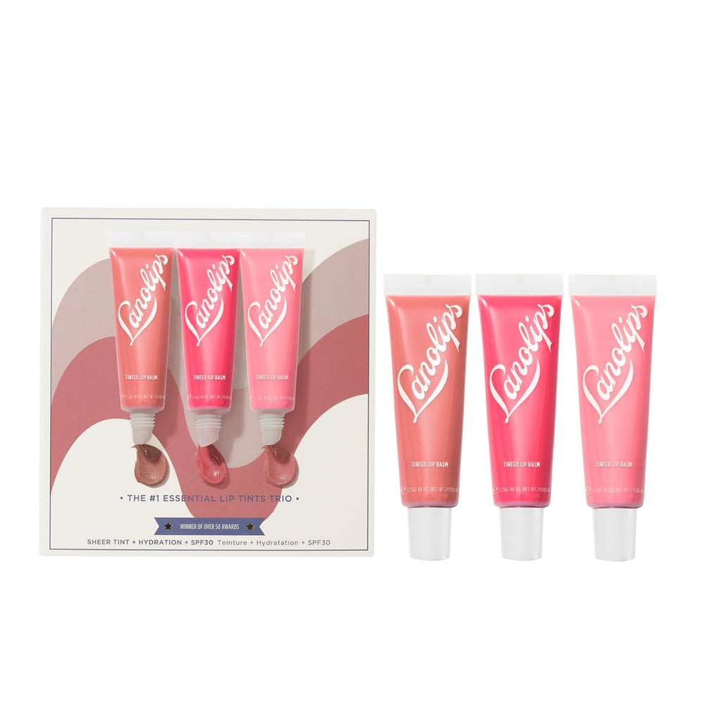 Lanolips Essentials Lip Tint Gift Set packaging displays three shade options for everyday color.