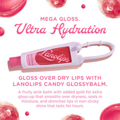 Lanolips Glossybalm Candy tube close-up showing pink tint and gold shimmer for glossy lips