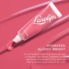 Lanolips Rhubarb tinted lip balm swatch on lips showcasing sheer color.
