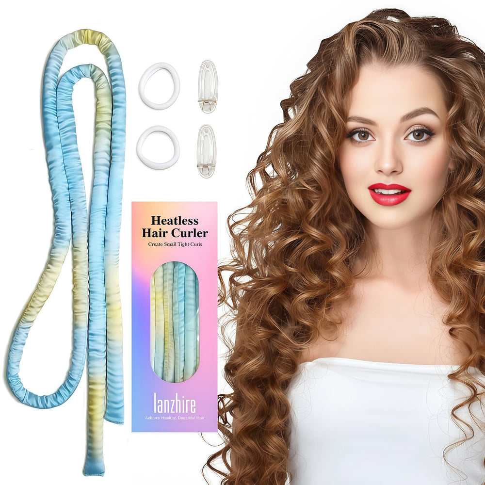 Lanzhire heatless curling headband blue tie-dye closeup showing soft satin for gentle styling.