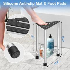 LarFaFa stool with storage shelf keeps towels or tools neatly within reach.
