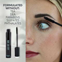 Lash Next Door mascara close-up on cap shows smudge-proof performance under wear.