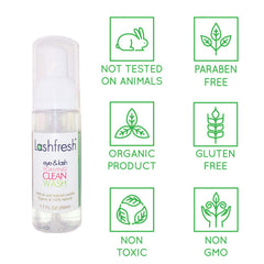 Lashfresh Foaming Clean Wash packaging front highlights organic, natural formula for gentle cleansing