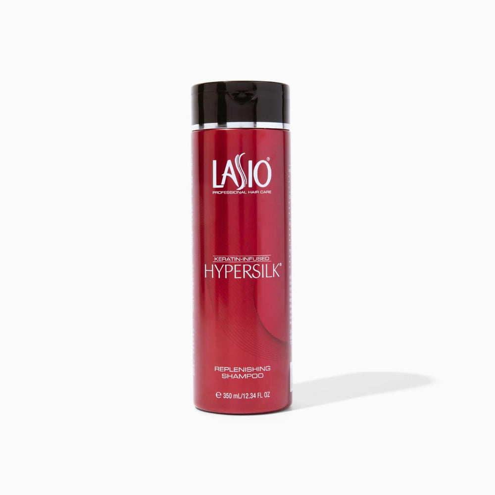 Lasio Hypersilk replenishing shampoo bottle shows moisture-boosting keratin care.