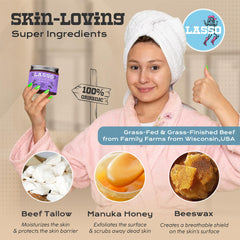 LASSO TALLOW organic beeswax label suggests natural moisture protection.