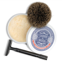 Lather & Wood Barbershop shaving soap macro shot emphasizes classic scent and ritual quality.