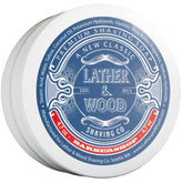 Lather & Wood Barbershop shaving soap jar closeup shows dense lather for a smooth shave.