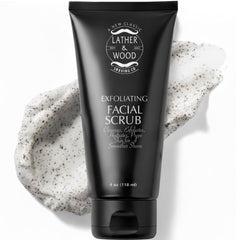 Lather & Wood Face Scrub jar closeup shows natural jojoba bead exfoliation