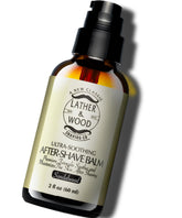 Lather & Wood sandalwood aftershave balm bottle demonstrates calming post-shave care