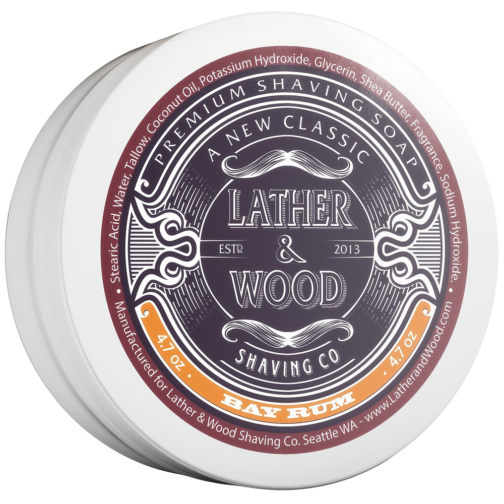 Lather & Wood Bay Rum shaving soap tin close-up highlighting rich lather and inviting scent.