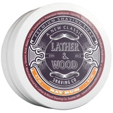 Lather & Wood Bay Rum shaving soap tin close-up highlighting rich lather and inviting scent.