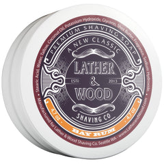 Lather & Wood Bay Rum shaving soap tin close-up highlighting rich lather and inviting scent.