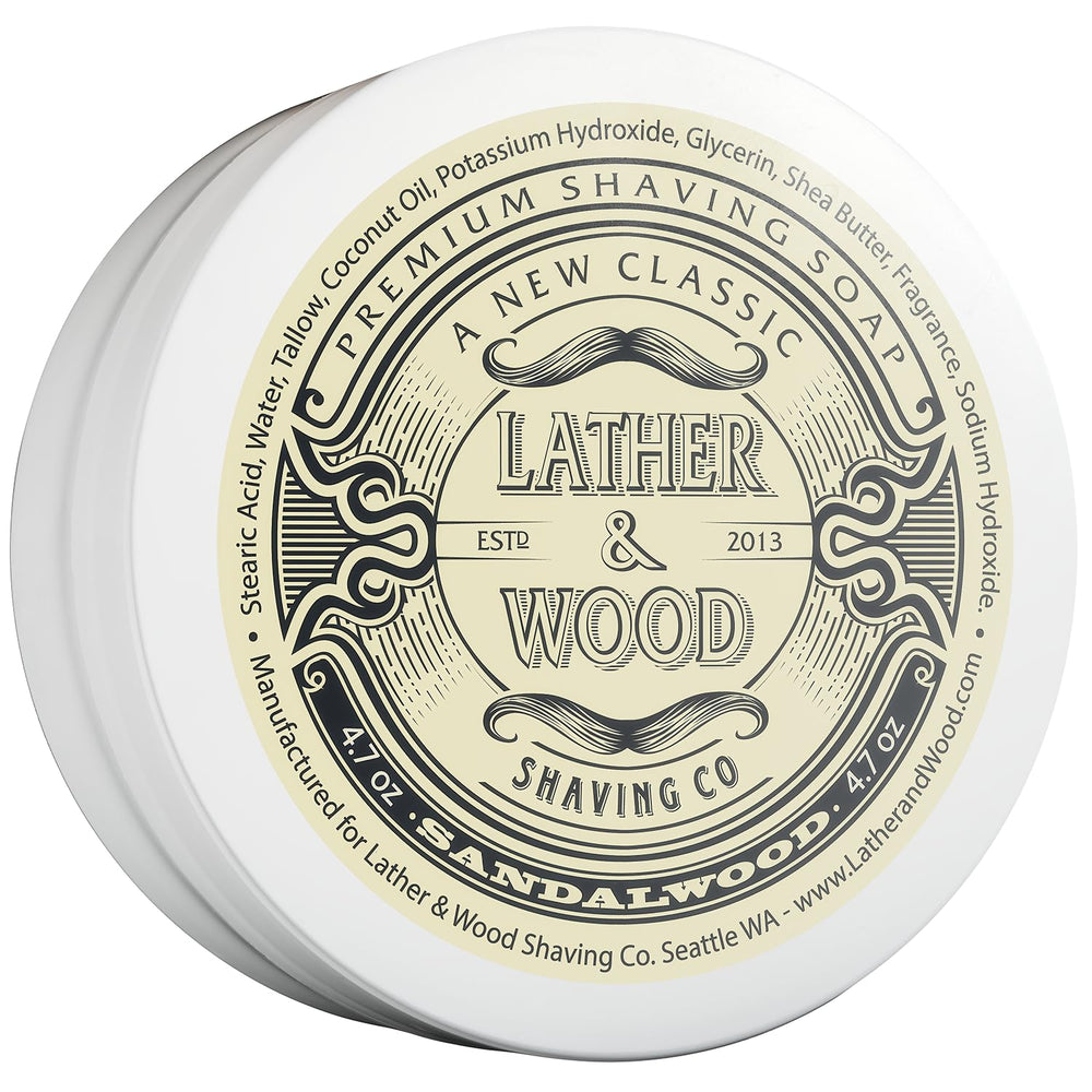Lather & Wood Sandalwood soap packaging signals premium shave routine.