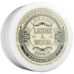 Lather & Wood Sandalwood soap packaging signals premium shave routine.