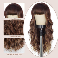 Lativ brown wig with bangs 26in close-up bangs highlights detailed styling potential.