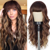 Lativ brown wig with bangs 26in front view shows natural waves for daily wear.