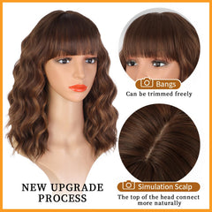 Lativ brown wig with bangs bob top view ready for cosplay and everyday looks.