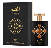 Lattafa Al Qiam Gold bottle showcases unisex amber-oud scent for daily wear