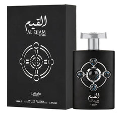 Lattafa Al Qiam Silver packaging box close-up, perfect for gifting.