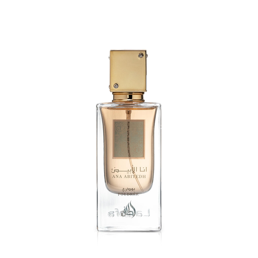 Lattafa Ana Abiyedh Poudree bottle on vanity for everyday elegance.
