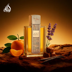 Lattafa Angham top notes—mandarin, ginger, pink pepper—for an energizing opening.