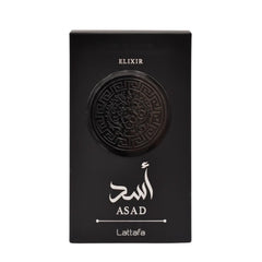 Lattafa Asad Elixir EDP heart/base notes delivering warmth and lasting presence.