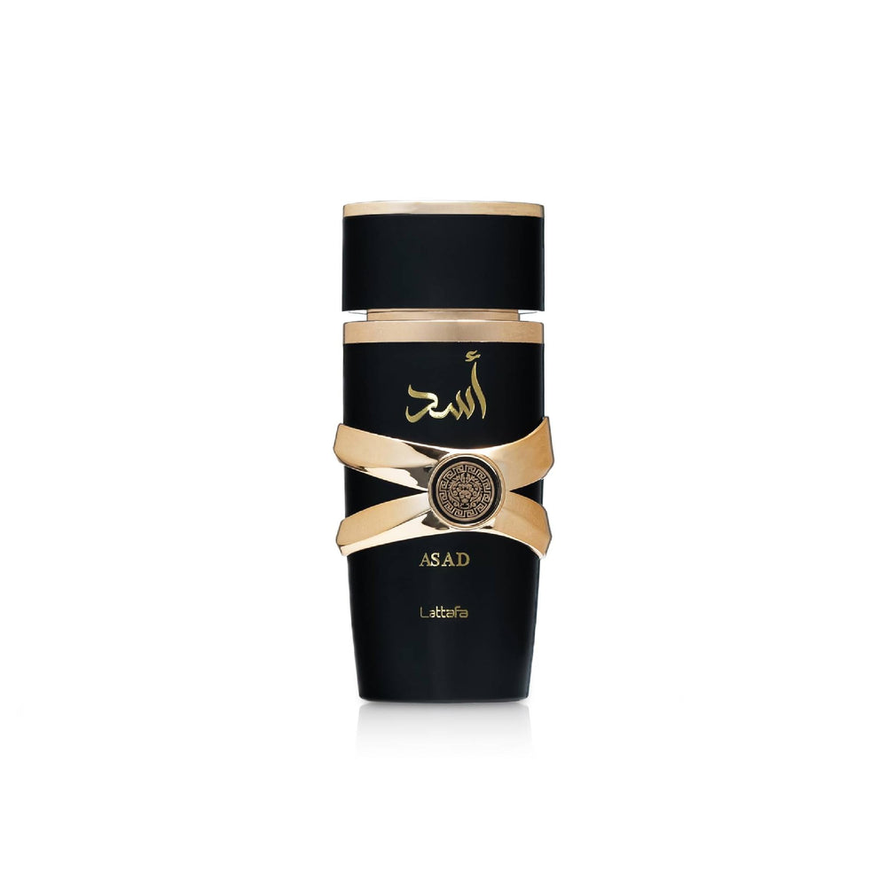 Lattafa Asad perfume bottle 100ml, long-lasting unisex fragrance for daily wear.