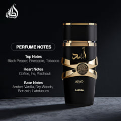Lattafa Asad top notes image highlights pepper, pineapple, and tobacco for a bold opening.