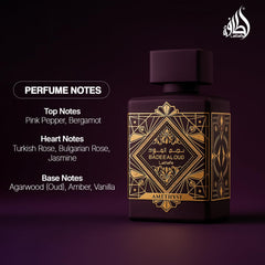 Lattafa Bade'e Al Oud Amethyst bottle side view ideal for gifting and display.