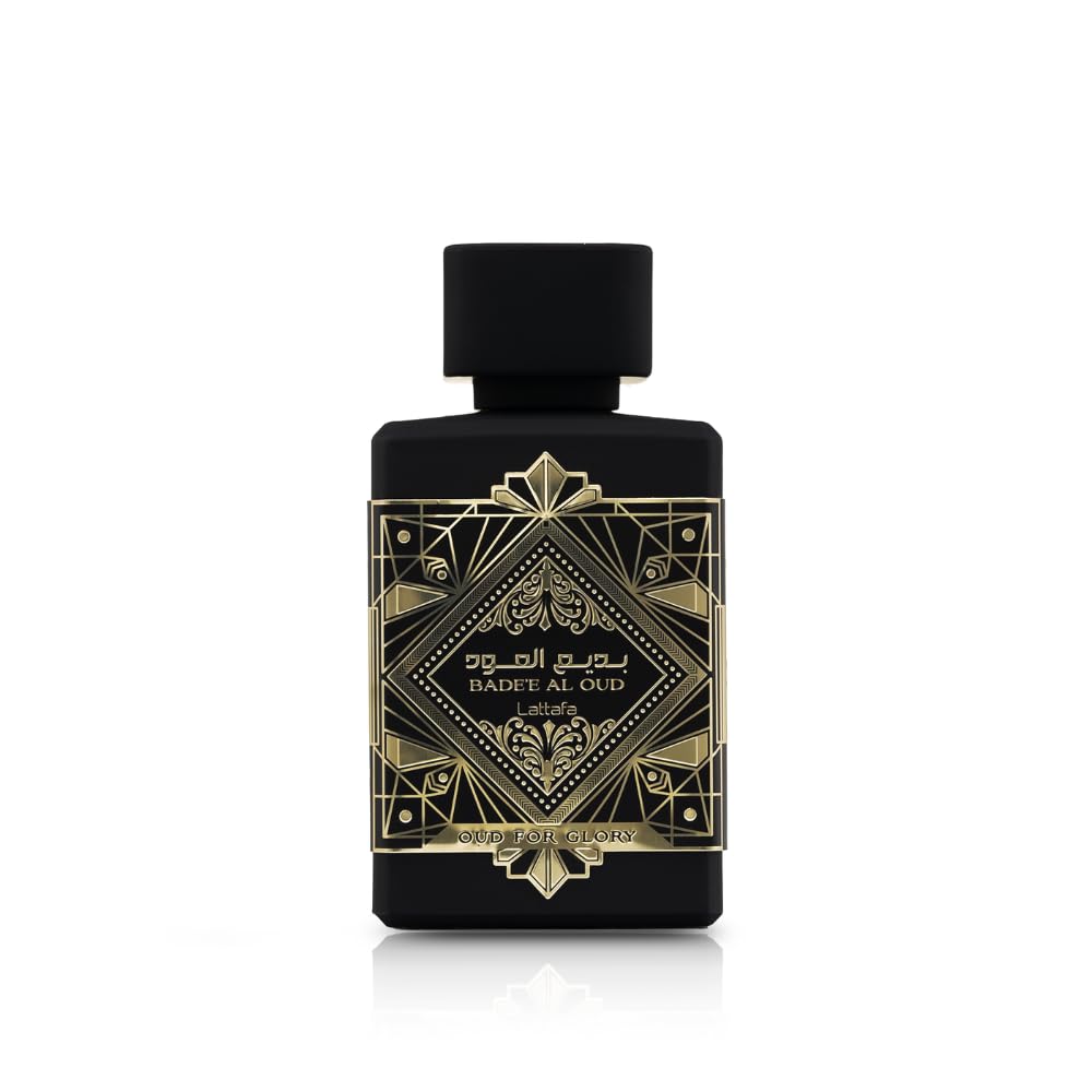 Lattafa Bade'e Al Oud bottle-front view highlighting warm amber-woody profile for evening wear.