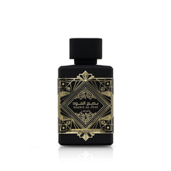 Lattafa Bade'e Al Oud bottle-front view highlighting warm amber-woody profile for evening wear.