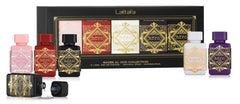 Lattafa Bade’e Al Oud gift-set box shows five 5 ml bottles for versatile scents.