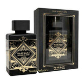 Lattafa Bade’e Al Oud Oud for Glory bottle front shows a luxe amber hue for evening wear.