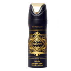 Lattafa Bade'e Al Oud Oud for Glory deodorant spray bottle offering all-day freshness.