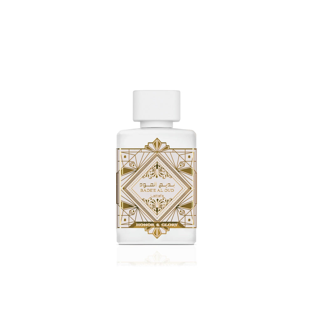 Lattafa Bade'e Al Oud Honor & Glory bottle shot showcases unisex fragrance for everyday wear.