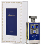 Lattafa Blue Sapphire bottle close-up highlights a bold, sophisticated scent ideal for evenings.