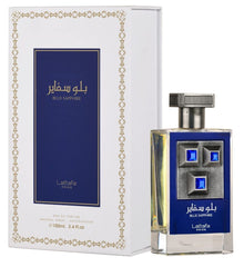 Lattafa Blue Sapphire bottle close-up highlights a bold, sophisticated scent ideal for evenings.