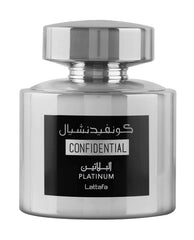 Lattafa Confidential Platinum bottle pour for daily confidence and longevity