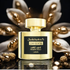 Lattafa Confidential Private Gold base notes musk vanilla sandalwood—warm, lasting finish for evenings.